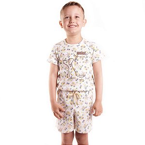 Pijama  Infantil Masculino  Happy Nap Verão Canelado Cachorro Branco