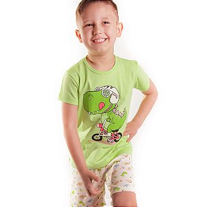 Pijama  Infantil Masculino Happy Nap Verão Dinossauro Verde  Lima Brilha no Escuro
