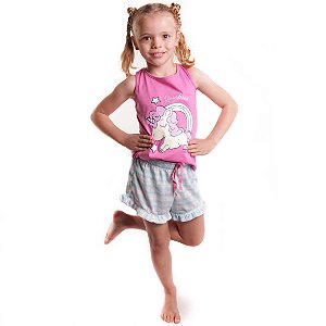 Pijama Infantil Feminino Happy Nap Verão Regata Unicórnio Brilha no Escuro Rosa Com Azul