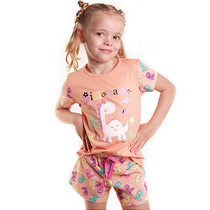 Pijama  Infantil Feminino Happy Nap Verão Dinossaura Coral Algodão