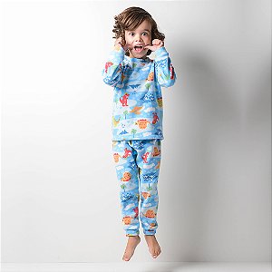 Pijama Infantil Masculino Happy Nap Inverno Soft Azul Dinossauro