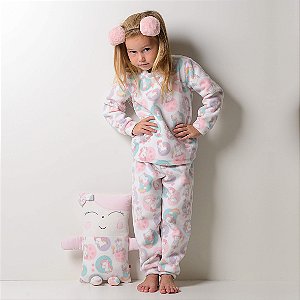 Kit Pijama Infantil Feminino Happy Nap Inverno Soft Branco Unicórnio Com Naninha