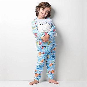 Kit Pijama Infantil Masculino Happy Nap Inverno Soft Azul Dinossauro Com Naninha