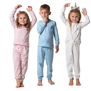 Kit Com 3 Pijamas  Infantis Térmicos Unissex  Happy Nap Segunda Pele Rosa, Off E Azul