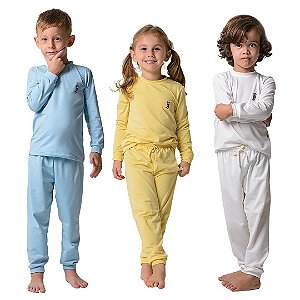 Kit com 3 Pijamas Infantis Térmicos Unissex  Happy Nap Segunda Pele Amarelo, Off E Azul