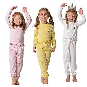 Kit Com 3 Pijamas Infantis Térmicos Unissex  Happy Nap Segunda Pele Amarelo,Off E  Rosa
