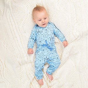 Pijama Body Bebê Menino Algodão Azul Claro Bichinhos