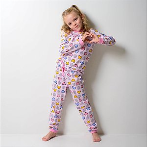 Pijama Infantil Feminino Algodão Leve Corações Rosa