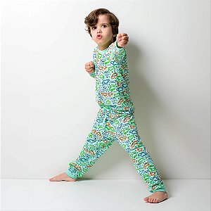 Pijama Infantil Masculino Algodão Leve Dinossauro Verde Claro