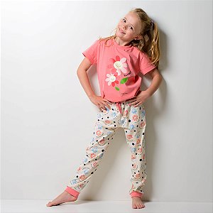 Pijama Infantil Feminino Algodão Manga Curta e Calça Margaridas E Floral