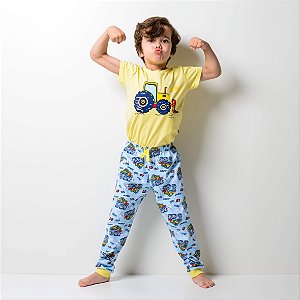 Pijama Infantil Masculino Algodão Manga Curta e Calça Trator Azul e Amarelo