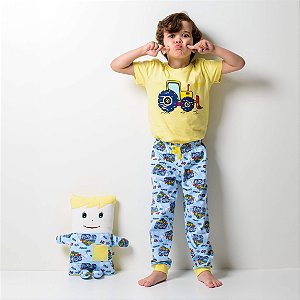 Kit Pijama Infantil Masculino Algodão Manga Curta e Calça Trator Com Naninha