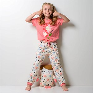 Kit Pijama Infantil Feminino Algodão Manga Curta e Calça Margaridas E Floral Com Naninha
