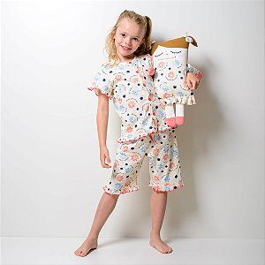 Kit Pijama Infantil Feminino Algodão Meia Estação Margaridas Com Naninha