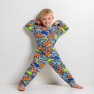 Pijama Infantil Masculino Happy Nap Inverno Soft  Cinza Dinossauros Coloridos