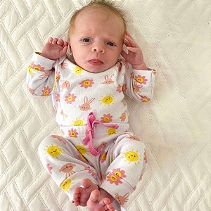 Pijama Body Bebê Menina  Algodão  Branco com Rosa Coelhinhos