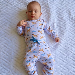 Pijama Body Bebê Menino Algodão Branco com Azul Cavalinho