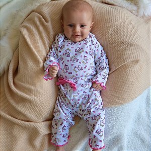 Pijama Body Bebê Menina  Algodão Canelado  Branco Ovelhinhas Rosa