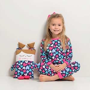 Kit Pijama Infantil Feminino Algodão Coração Marinho  Manga Comprida