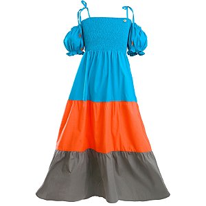 VESTIDO AZUL TURQUESA, LARANJA E CAQUI