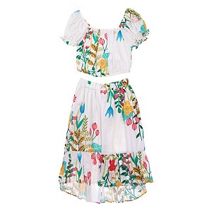 CONJUNTO BLUSA  E SAIA ESTAMPA FLOR DO CAMPO