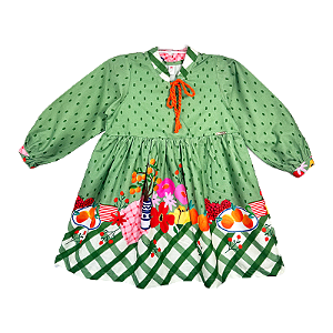 VESTIDO ESTAMPA BARRADO MESA DIVERTIDA VERDE