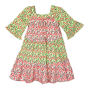 VESTIDO ESTAMPA CEREJINHA VERDE E ROSA