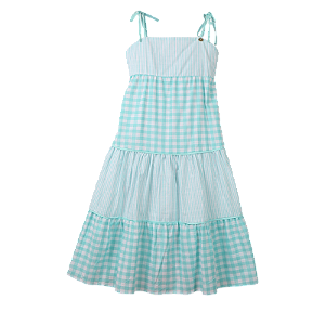 VESTIDO ESTAMPA XADREZ E LISTRAS VERDE AGUA