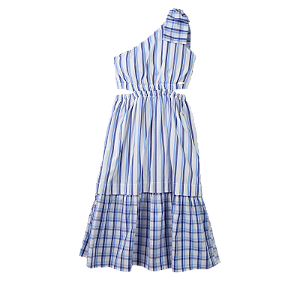 VESTIDO ESTAMPA XADREZ E LISTRADO AZUL