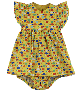VESTIDO ESTAMPA BALA DELICIA FUNDO AMARELO