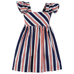 VESTIDO ESTAMPA LISTRAS AZUL E LARANJA