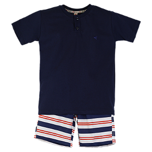 CONJUNTO ESTAMPA LISTRAS AZUL E LARANJA