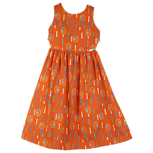 VESTIDO ESTAMPA RAQUETADA FUNDO LARANJA