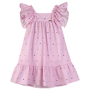 VESTIDO ESTAMPA POÁ COLORIDO FUNDO ROSA