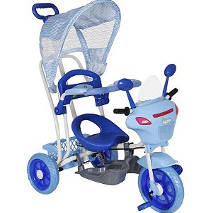 Triciclo com Capota Azul 3x1 Empurrar Balançar e Pedalar Bel Brink