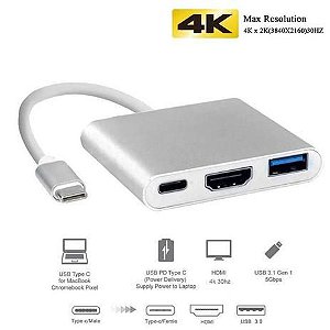 Cabo Adaptador Conversor Usb C Para Hdmi + Usb 3.0 + Tipo C - MLS