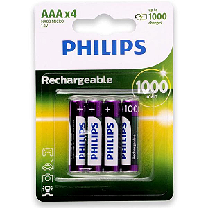 Kit c/ 4 Pilhas Palito AAA 1000mah Recarregaveis Philips