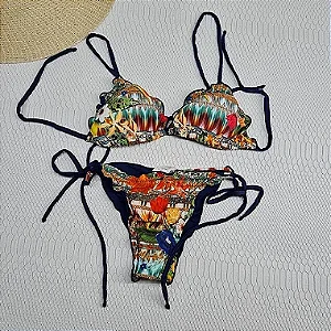 Biquíni Feminino Cortininha Tanga franzida de Amarrar com bojo opcional