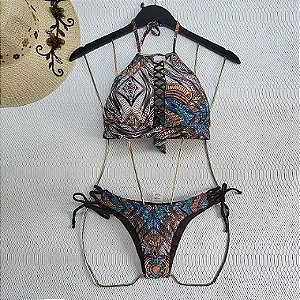 Biquíni  Feminino Cropped Trancado Tanga de amarrar