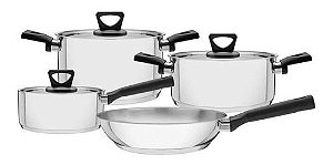 Jogo de Panelas Tramontina Brava Baquelite em Aço Inox com Fundo Triplo e Cabos e Alças de Baquelite Preto 4 Peças