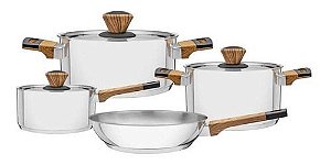Jogo de Panelas Tramontina Inox 4 Peças Fundo Triplo Cooktop Fogão Indução Cabo Amadeirado Brava