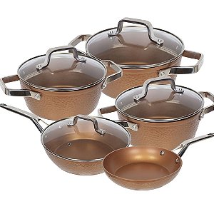 Jogo de Panelas Antiaderente Fogão Indução Kit 5 Peças Conjunto Aluminio Forjado Martelada Cobre Begner