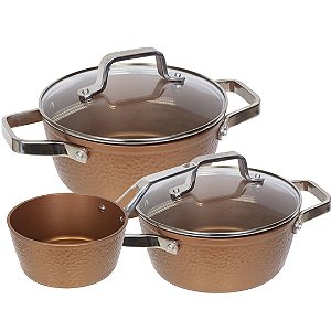 Jogo de Panelas Antiaderente Fogão Indução Kit 3 Peças Conjunto Aluminio Forjado Martelada Cobre Begner