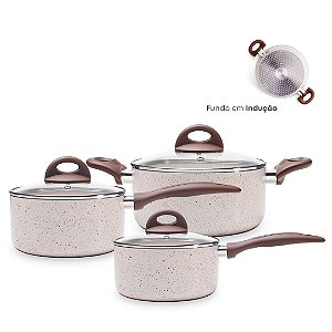 Jogo de Panelas Antiaderente Cerâmica Vanilla Cooktop Fogão Indução Kit 3 Peças Conjunto Brinox