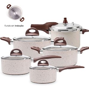 Jogo de Panelas Antiaderente Ceramica Vanilla Cooktop Fogão Indução Kit 5 Peças Conjunto Brinox