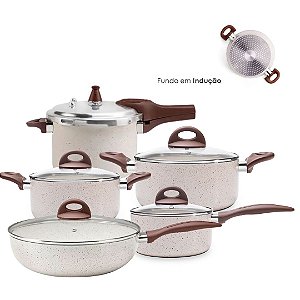 Jogo de Panelas Antiaderente Ceramica Vanilla Cooktop Fogão Indução Kit 5 Peças Conjunto Brinox