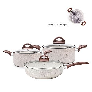 Jogo de Panelas Antiaderente Ceramica Vanilla Cooktop Fogão Indução Kit 3 Peças Conjunto Brinox