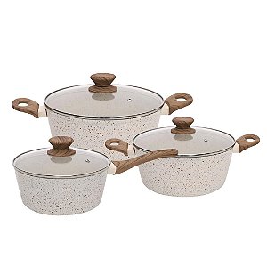 Jogo de Panelas Antiaderente Ceramica Cooktop Fogão Indução Kit 3 Peças Conjunto Marmol