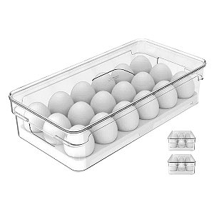 Kit 2pc Organizador Porta Ovos Geladeira Com Tampa 18 Unidades Pote Acrílico Clear Fresh OU