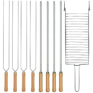 Kit Preparo Churrasco 9pcs Grelha e Espetos 65cm Simples e Duplo Cabo Madeira p/ Churrasqueira Mor